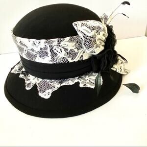 Ben Marc Church Black Derby Hat Feather Lace